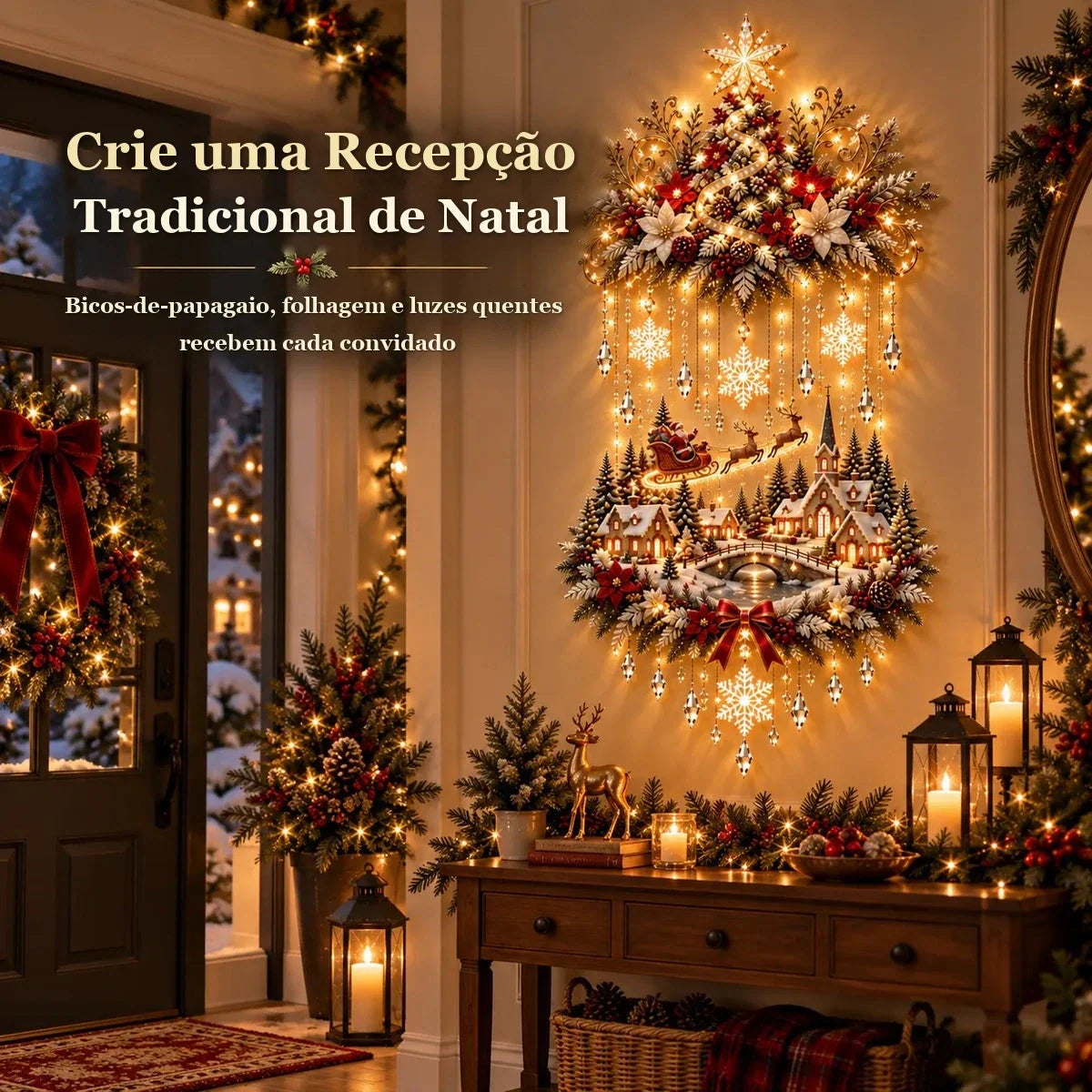 painel de Natal com flores vermelhas e folhagem na entrada da casa