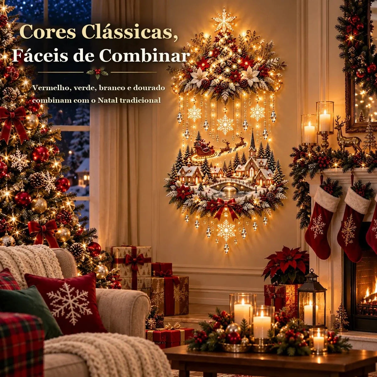 painel de parede de Natal em vermelho, verde, branco e dourado