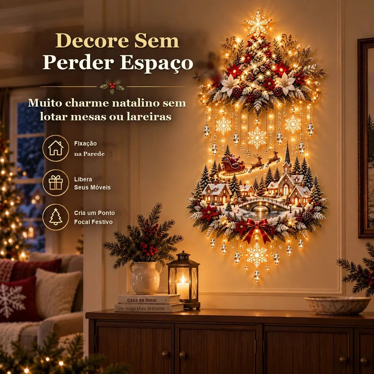 painel de Natal na parede sobre aparador sem ocupar espaço de móveis