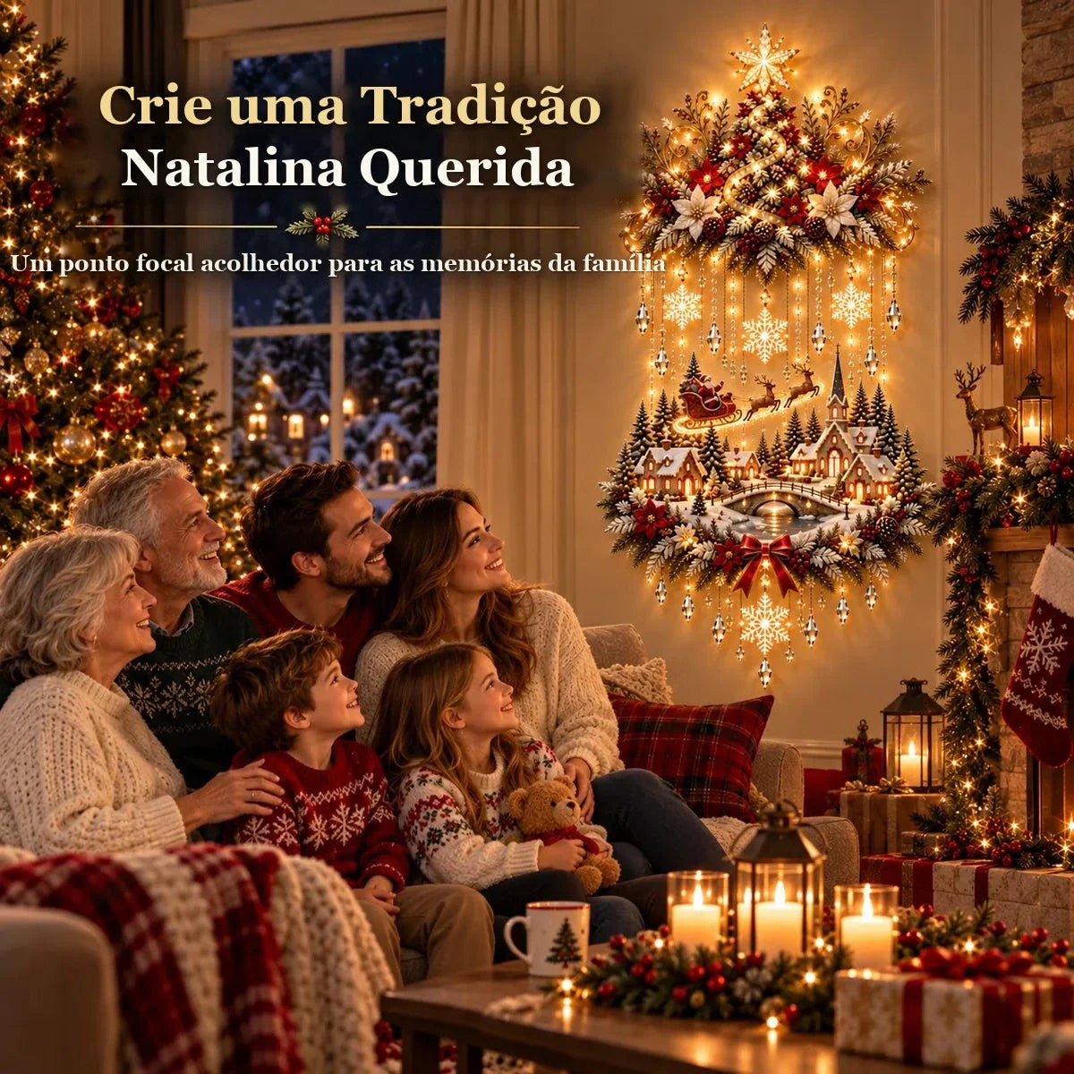 painel de parede de Natal iluminado como ponto focal da família