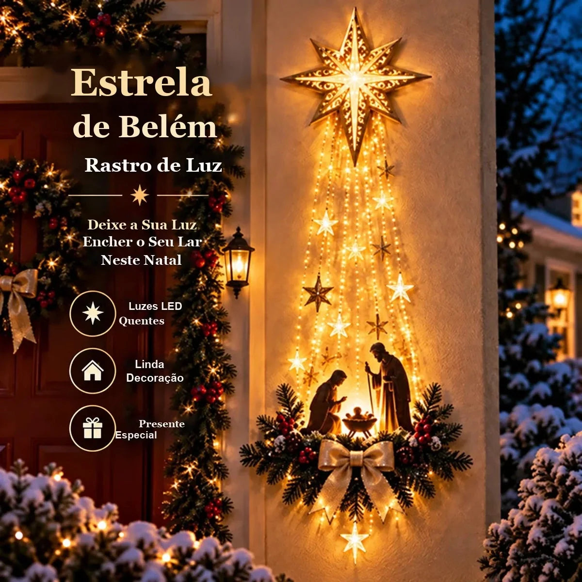 estrela de belém iluminada com presépio na parede da fachada