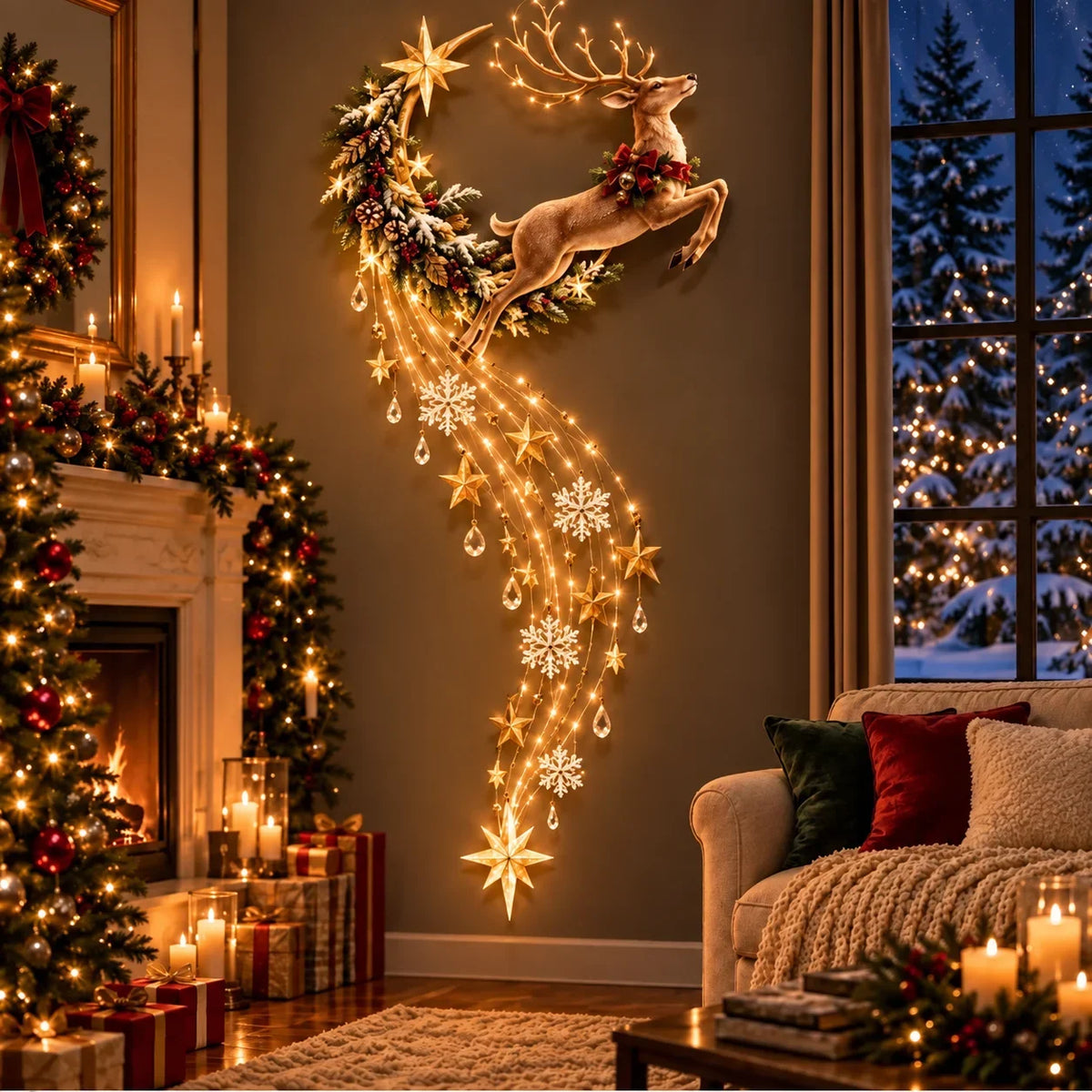 painel de parede de natal rena com rastro de luzes e estrelas
