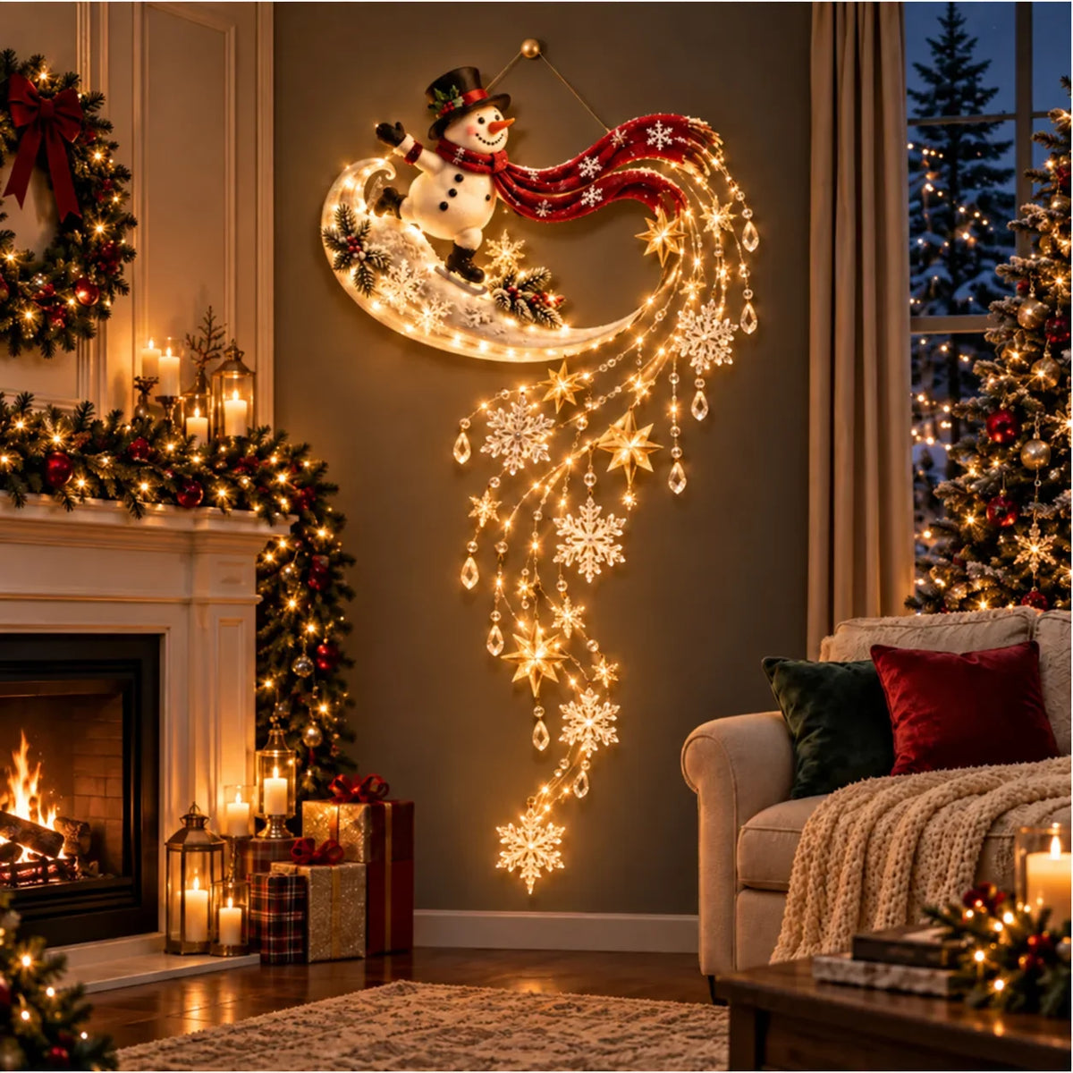 painel de parede de natal boneco de neve com luzes led na sala