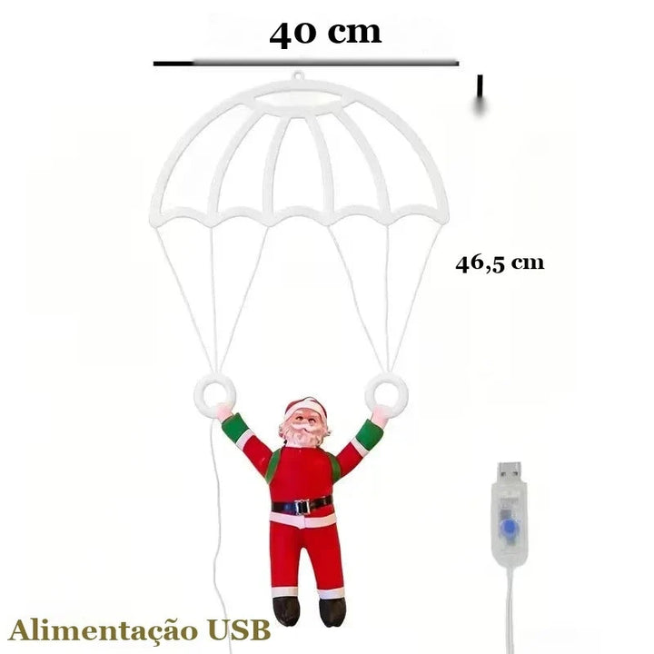 medidas do papai noel de paraquedas iluminado 40 x 46,5 cm com cabo usb