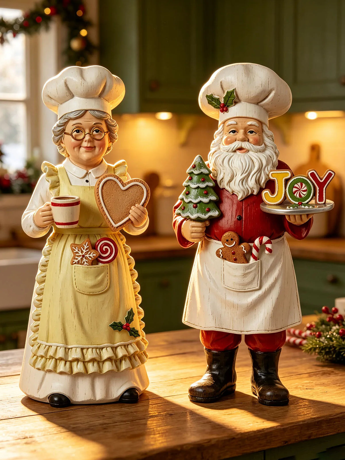 papai noel e mamãe noel confeiteiros de madeira na bancada da cozinha