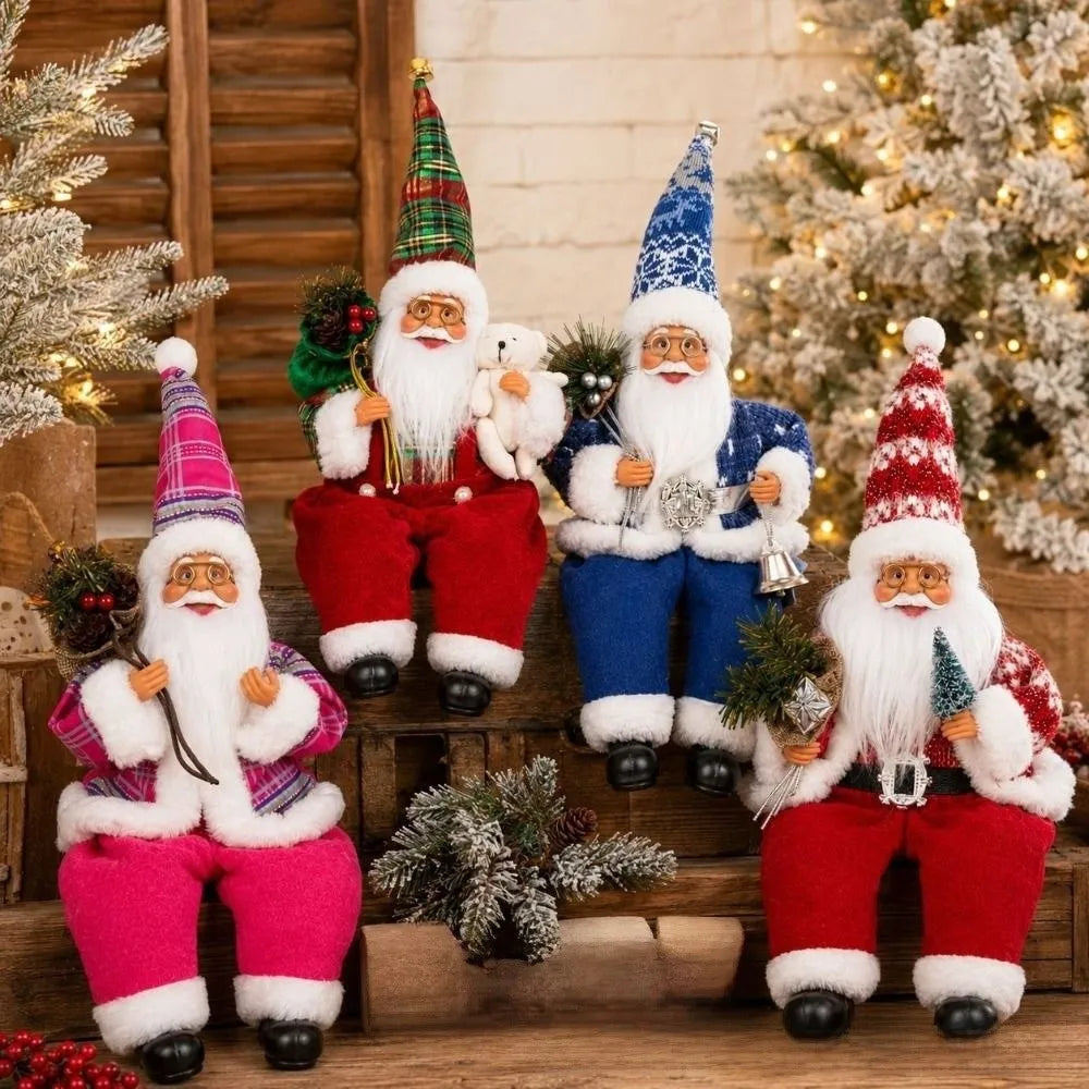 quatro modelos de papai noel sentado em vermelho azul e rosa