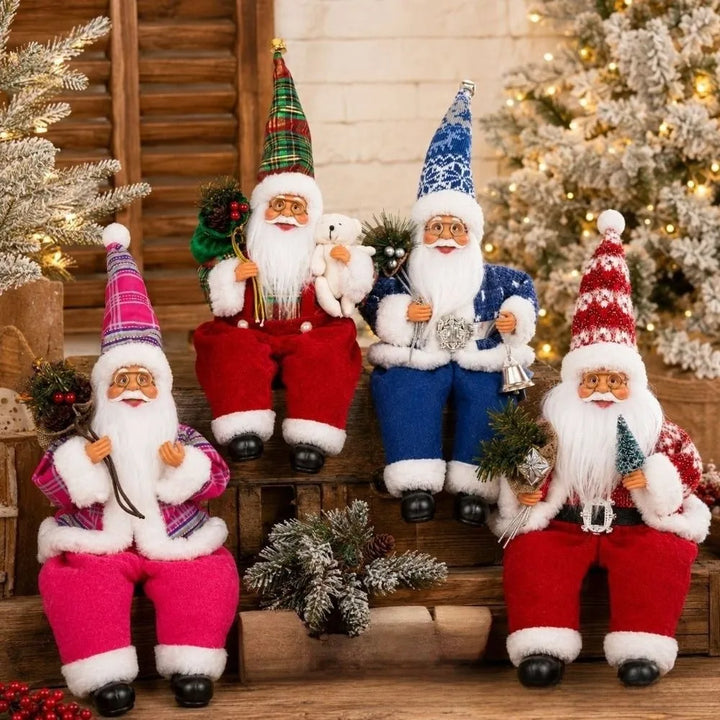 quatro modelos de papai noel sentado em vermelho azul e rosa