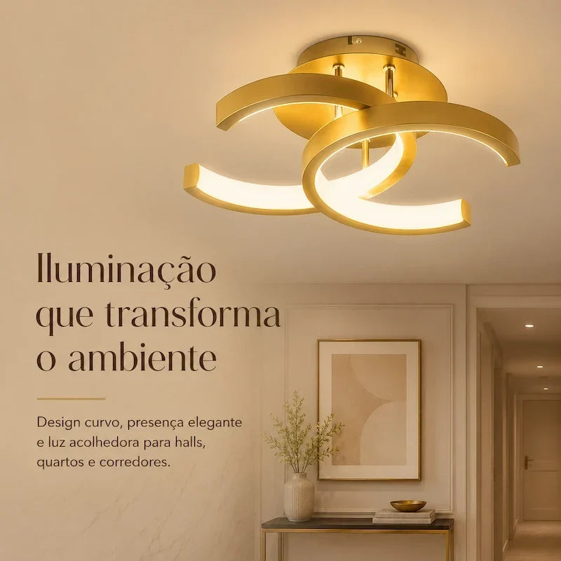 plafon led dourado em hall elegante com texto de apresentação