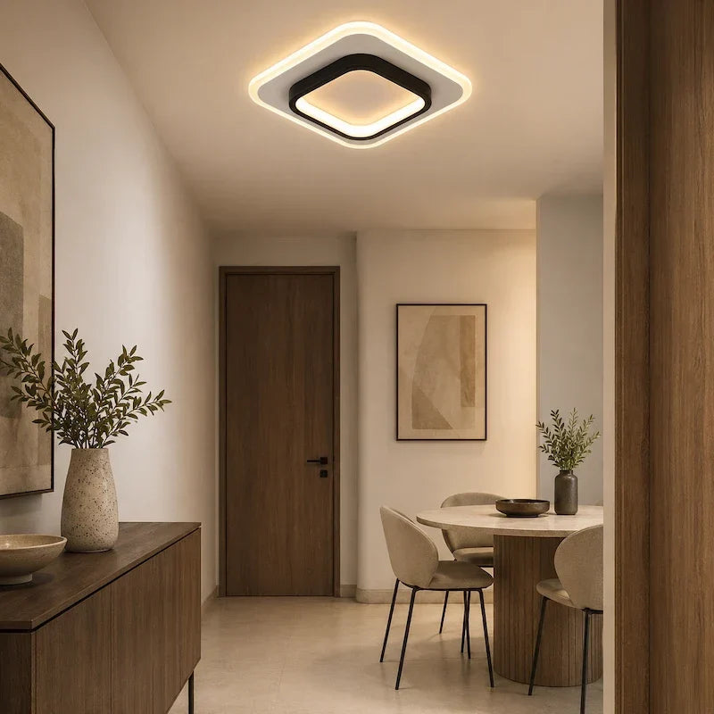 plafon led quadrado em corredor com mesa de jantar