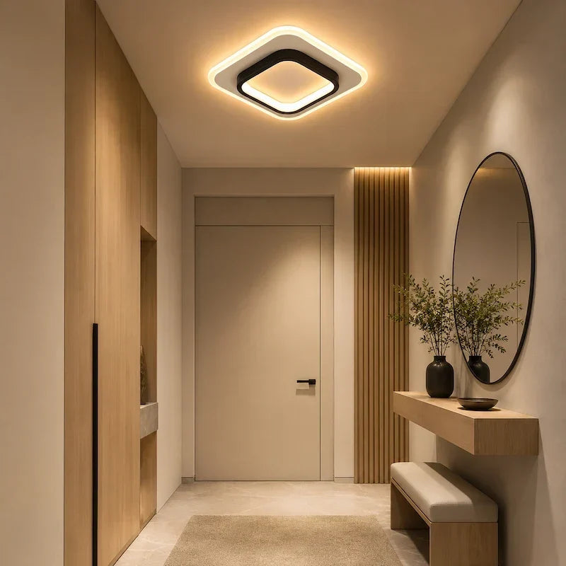 plafon led de teto em hall com espelho redondo