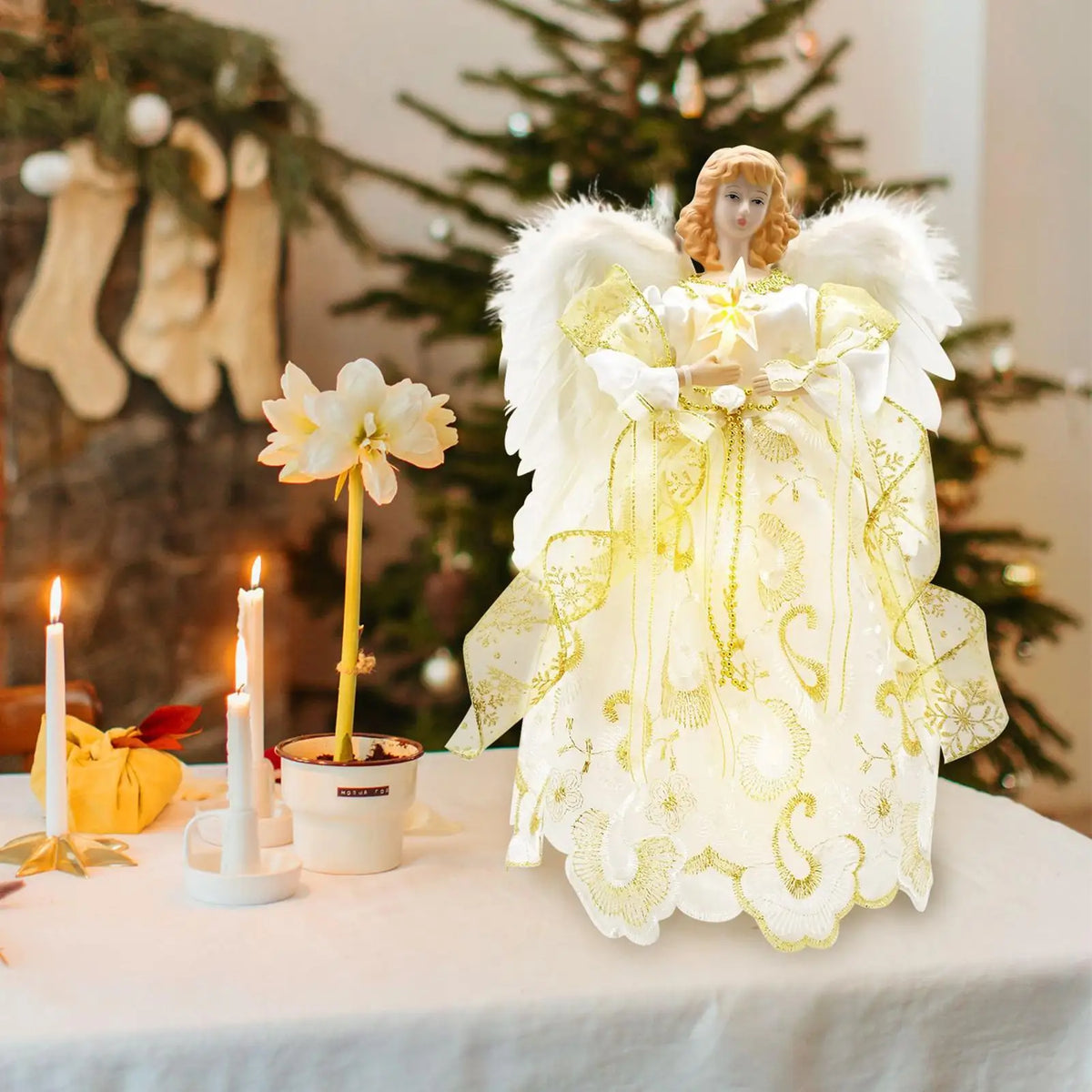 anjo de natal de renda como enfeite de mesa