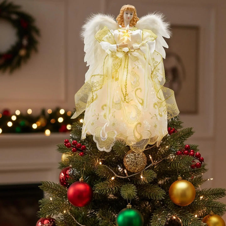 ponteira de árvore de natal anjo marfim sobre pinheiro