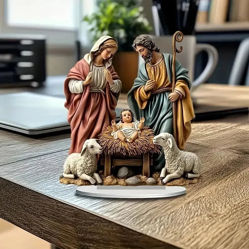 presépio de acrílico sagrada família colorida com ovelhas na mesa