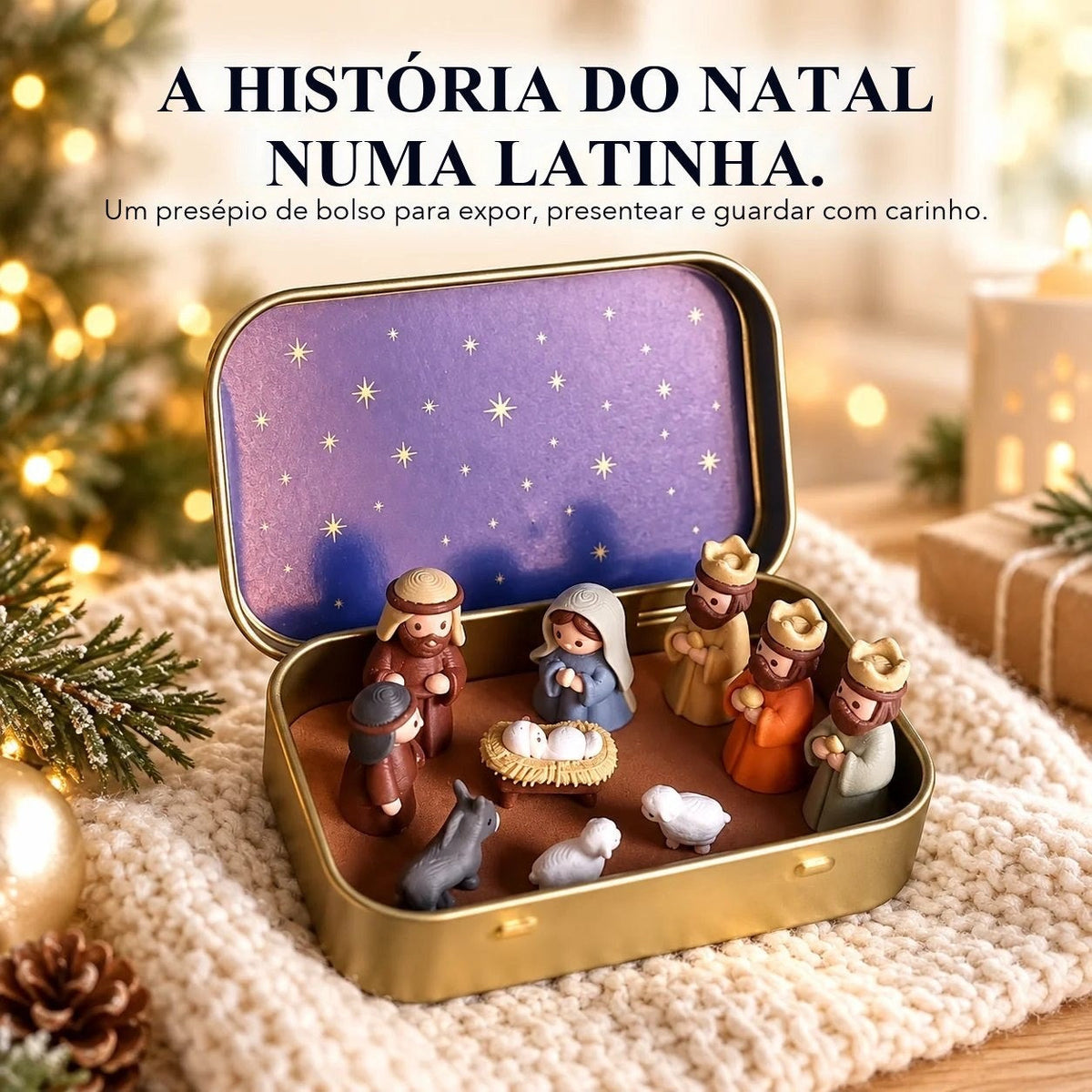 presépio de bolso na latinha dourada com céu estrelado e sagrada família