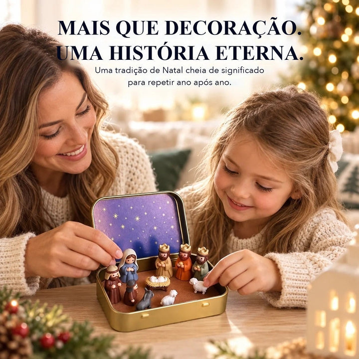 presépio de bolso na latinha aberta com reis magos e animais