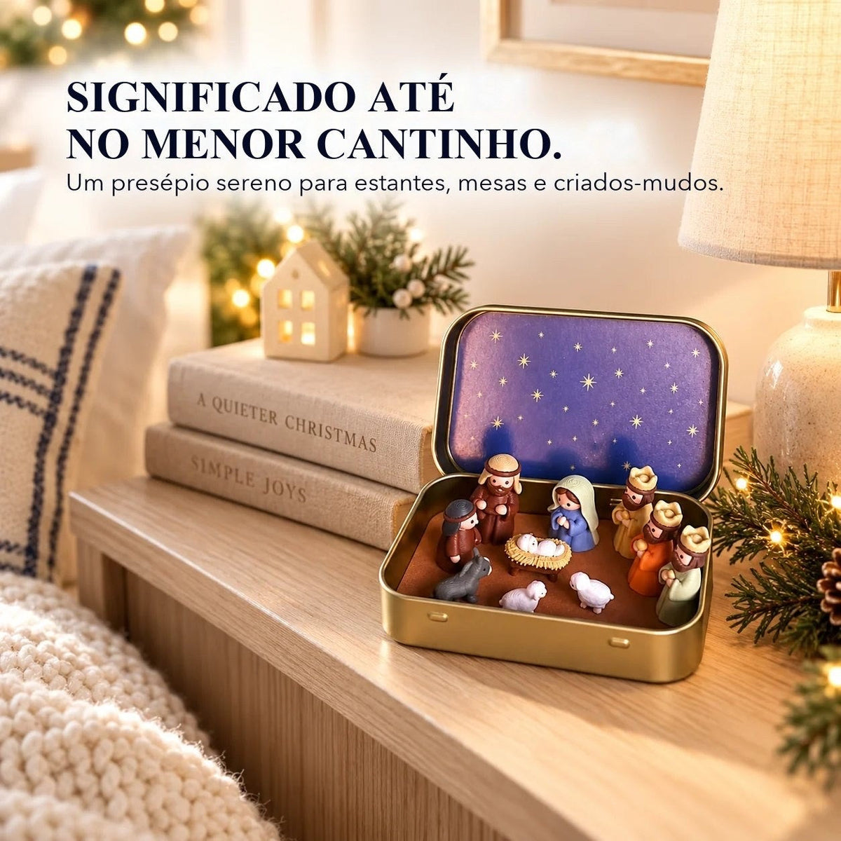 presépio na latinha decorando a estante de natal