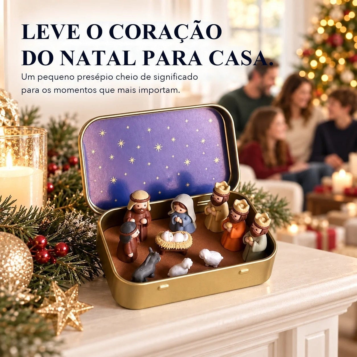 detalhe das figuras do presépio em miniatura na lata