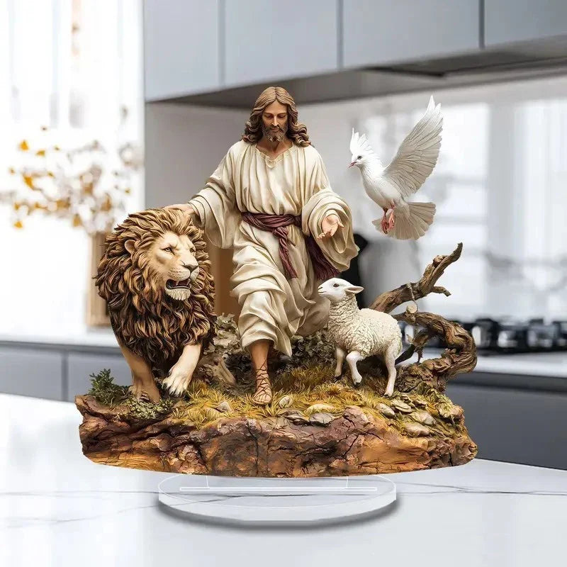 Presépio em Acrílico 2D Jesus com Leão e Cordeiro sobre a mesa