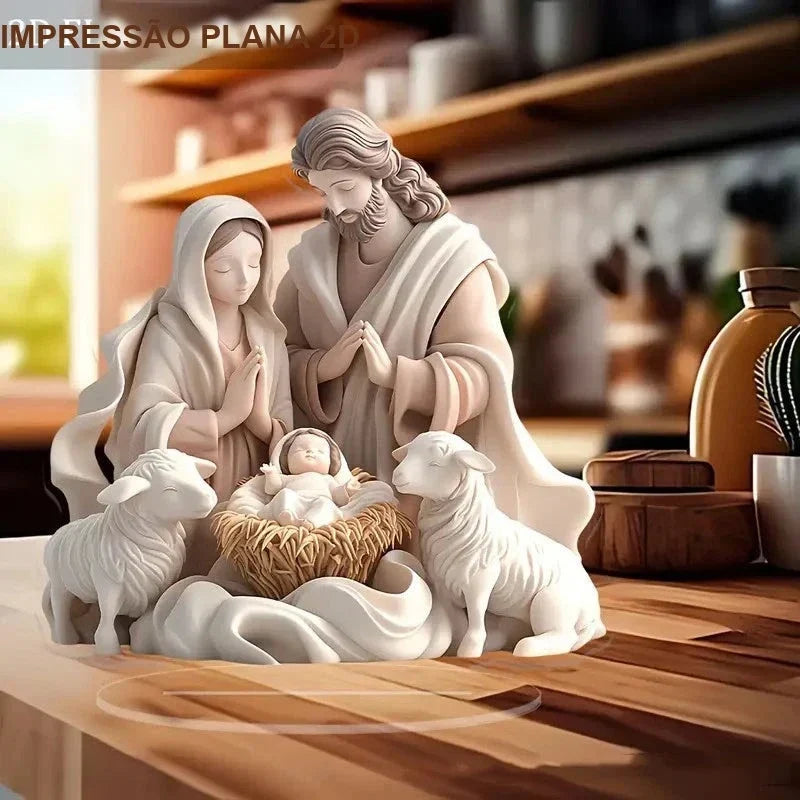 Presépio em Acrílico 2D Sagrada Família com Ovelhas sobre a mesa