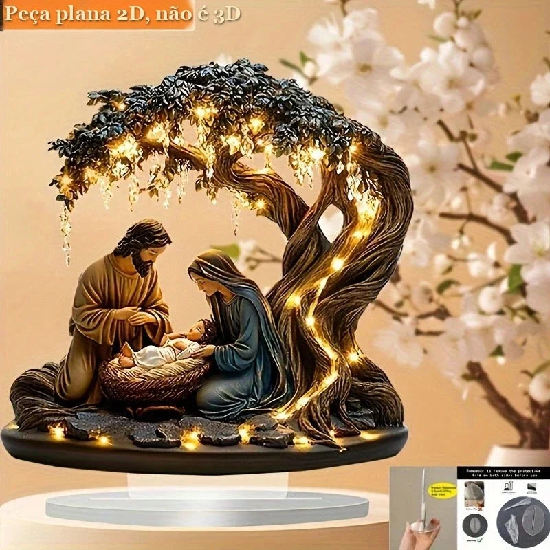 cena da natividade em acrílico com árvore de luzes douradas