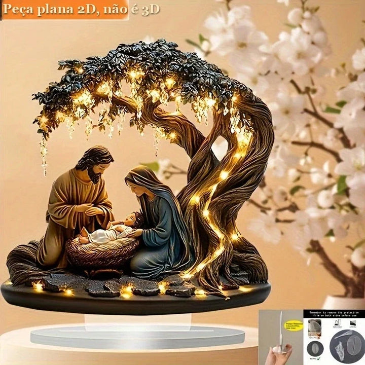 cena da natividade em acrílico com árvore de luzes douradas
