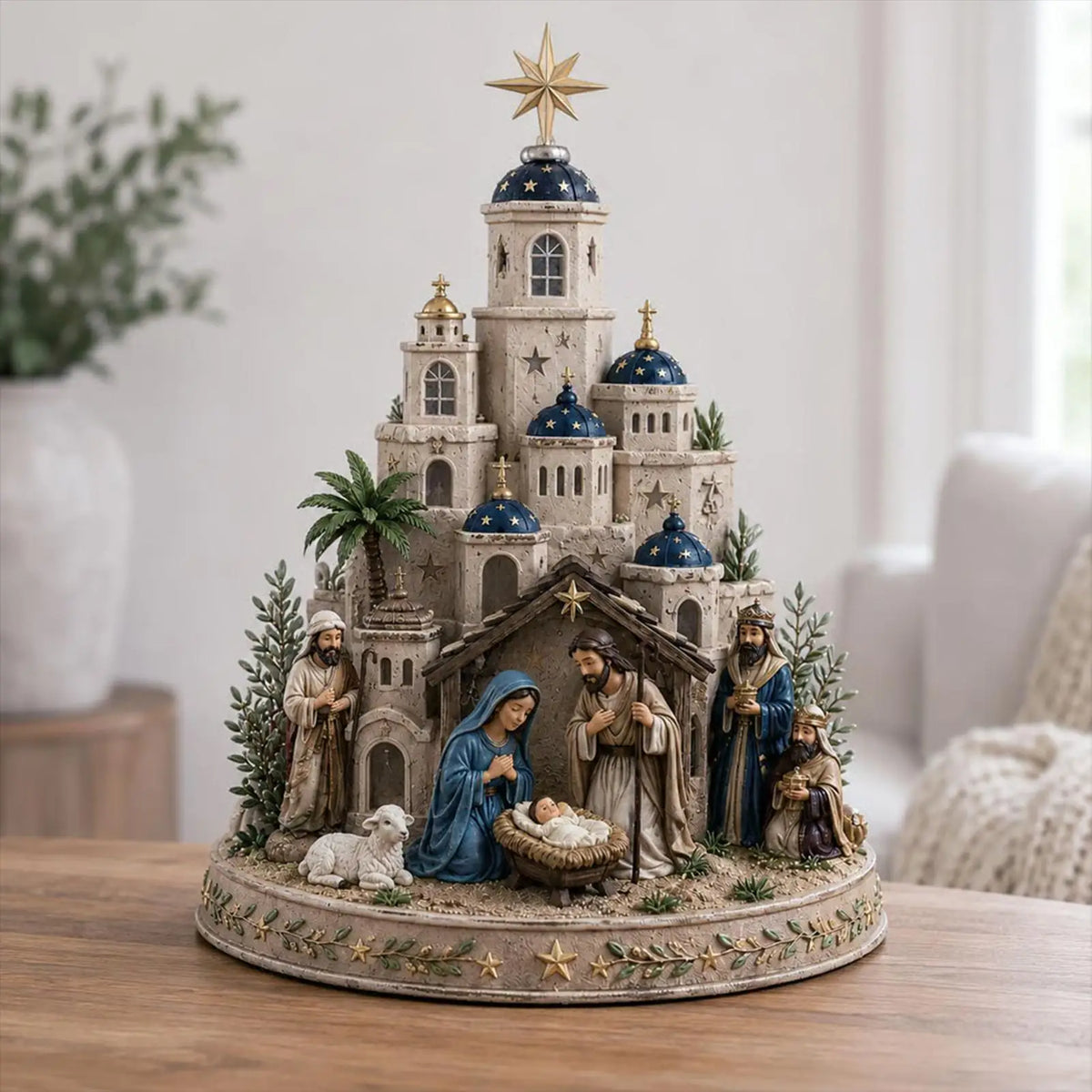 presépio cidade de belém com cúpulas azuis sobre a mesa da sala