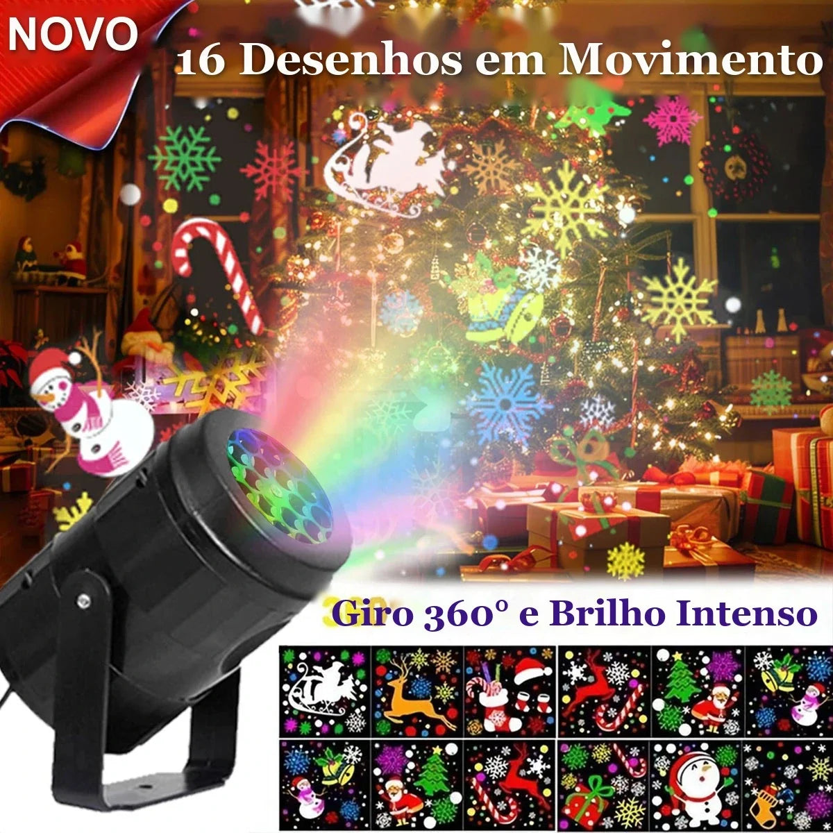 projetor de natal com 16 desenhos coloridos em movimento