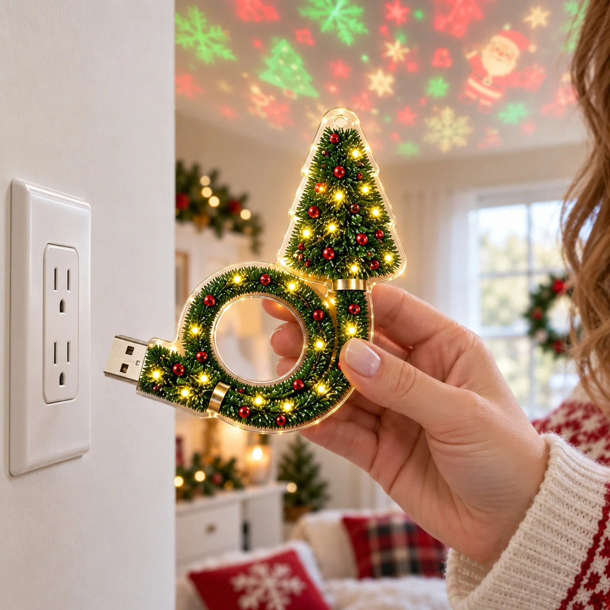 projetor de natal usb em formato de árvore projetando desenhos no teto