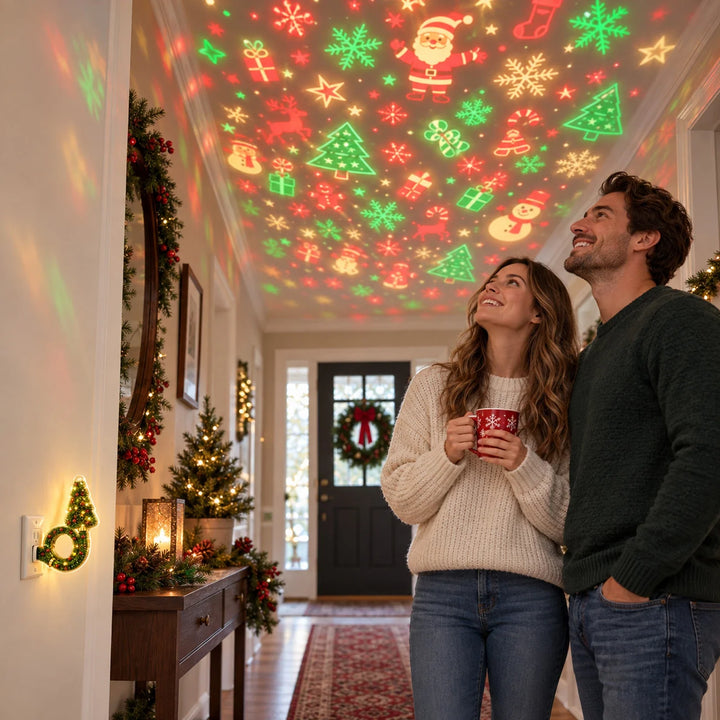 casal admirando projeção de natal no teto do corredor