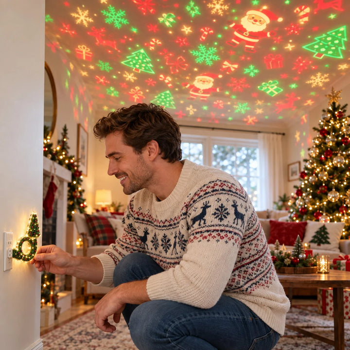 homem conectando projetor de natal usb na tomada da sala