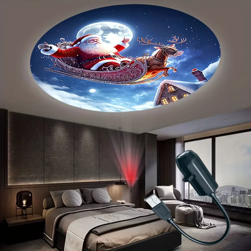 projetor de luz de natal com cena de papai noel no trenó sobre a cama