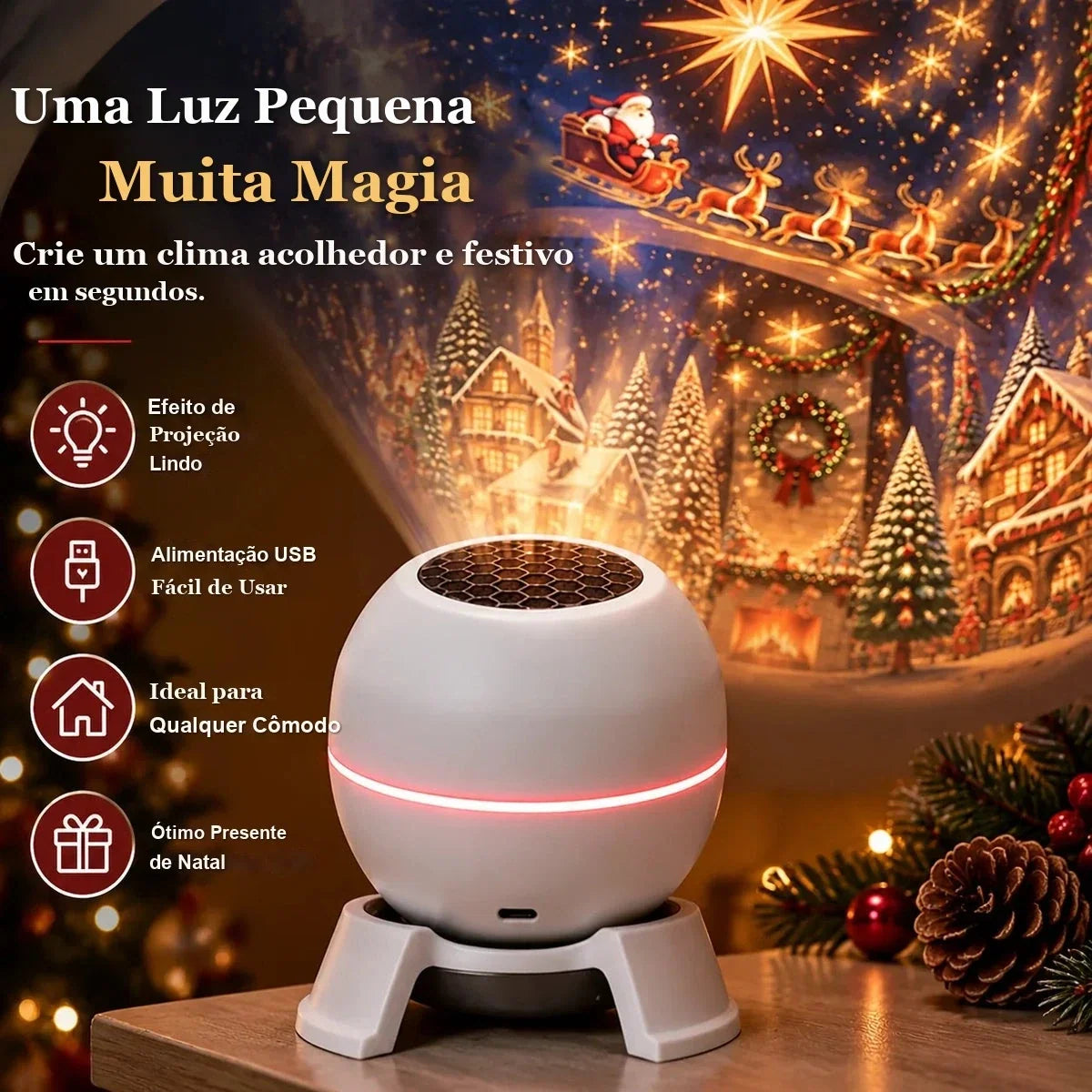 projetor de Natal branco com cúpula esférica projetando cena de Papai Noel e vila na parede