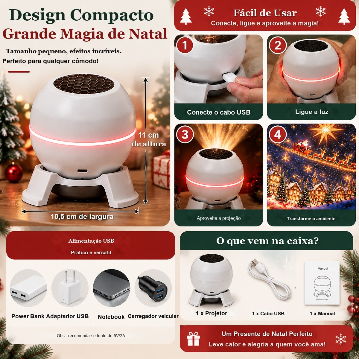 medidas, passo a passo e conteúdo da caixa do projetor de Natal USB