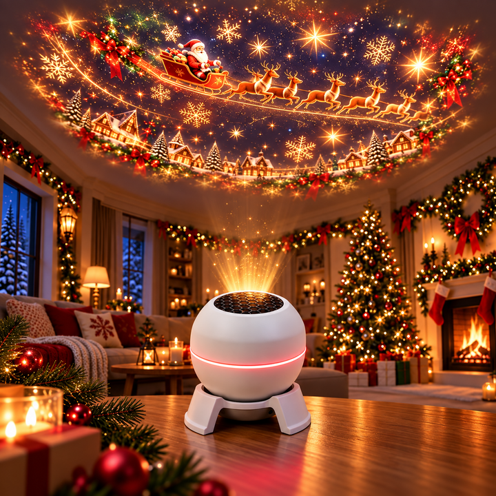 projetor de Natal na mesa projetando Papai Noel, renas e flocos de neve no teto da sala