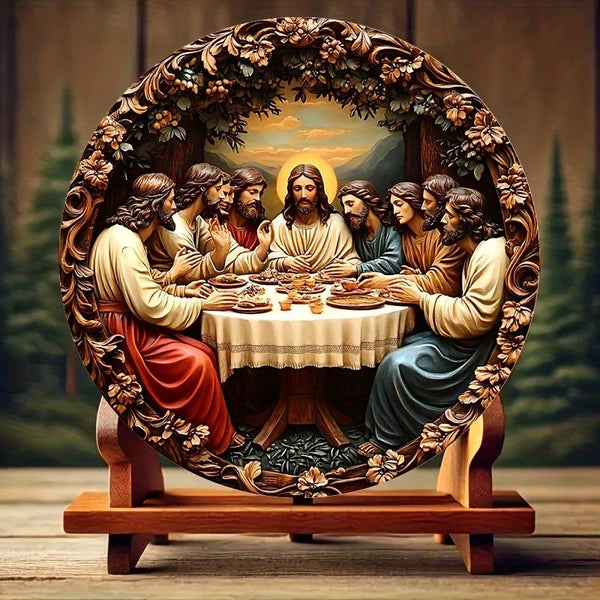 Quadro Redondo de Madeira Natividade e Santa Ceia 20 cm