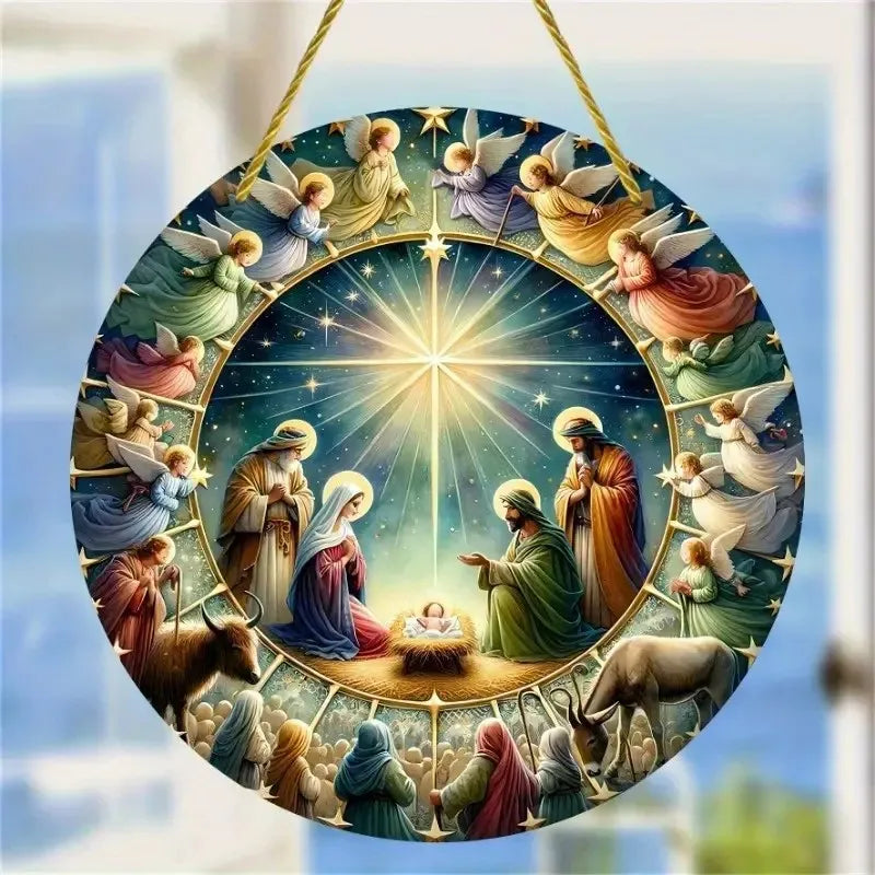quadro de natal natividade em madeira com cordao para pendurar