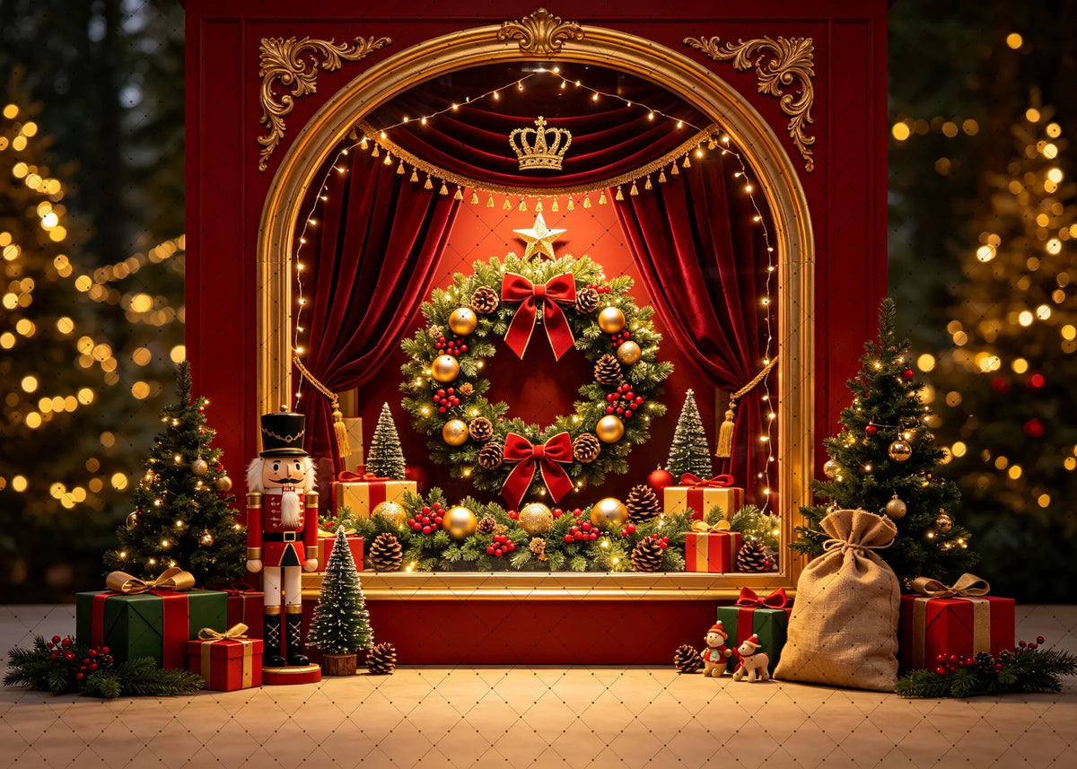 Cenário Floral de Natal com Boneco Quebra-Nozes e Cortina Vermelha para Fotos de Estúdio e Decoração de Sessões Fotográficas de Feriado