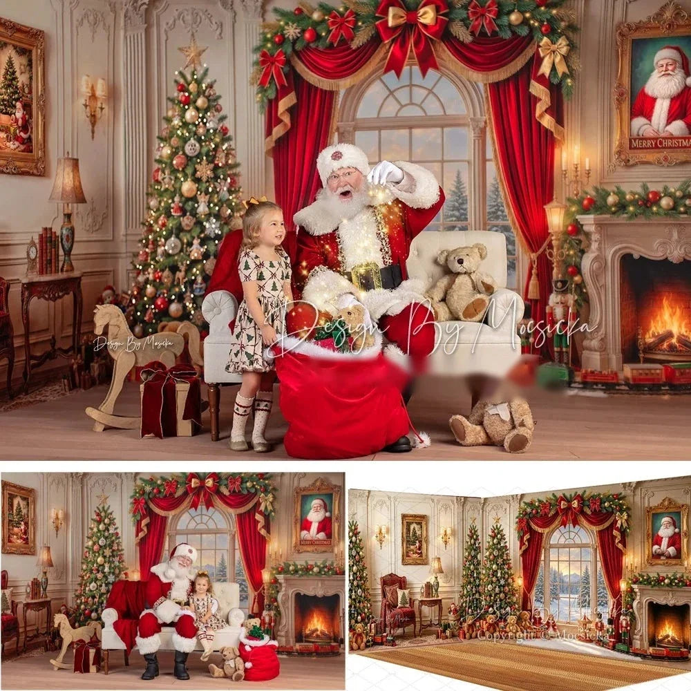 Cenário Vintage de Natal com Lareira, Cortina Vermelha para Fotografia, Quebra-Nozes de Brinquedo, Fundo para Fotos de Família de Natal