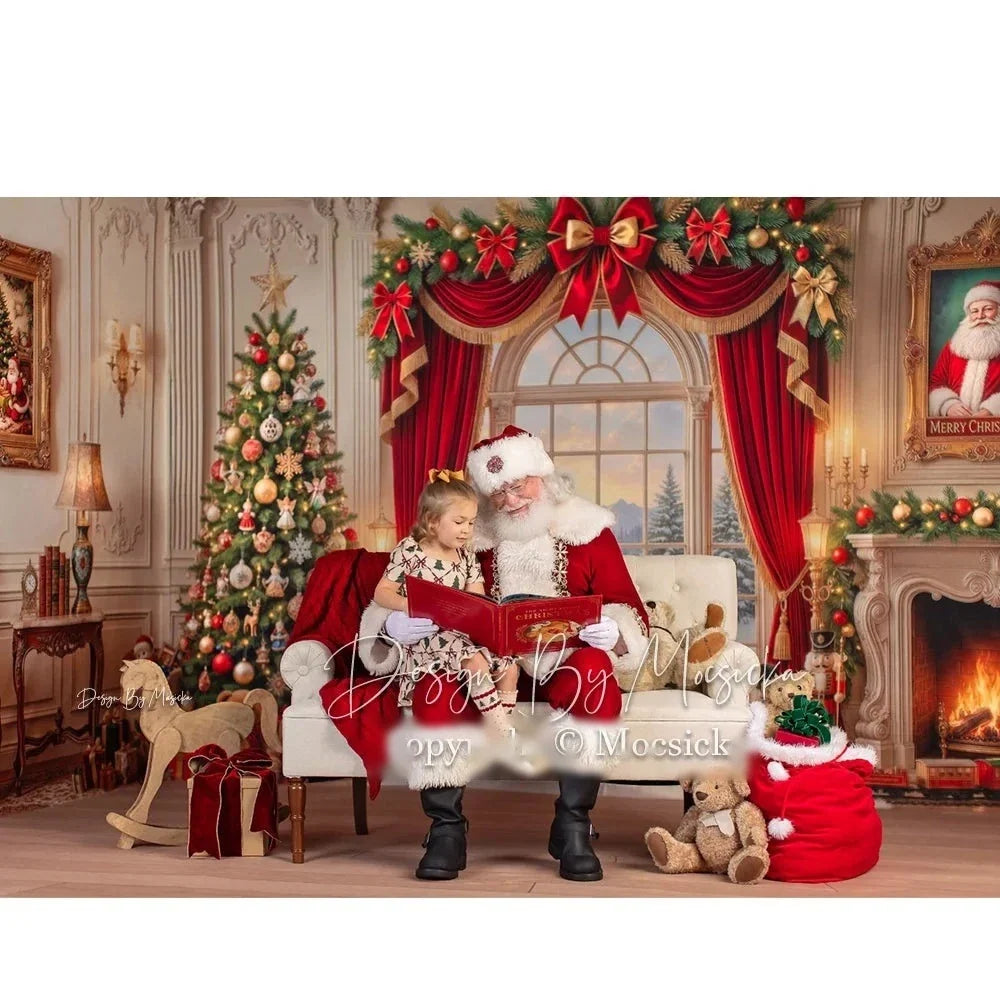 Cenário Vintage de Natal com Lareira, Cortina Vermelha para Fotografia, Quebra-Nozes de Brinquedo, Fundo para Fotos de Família de Natal