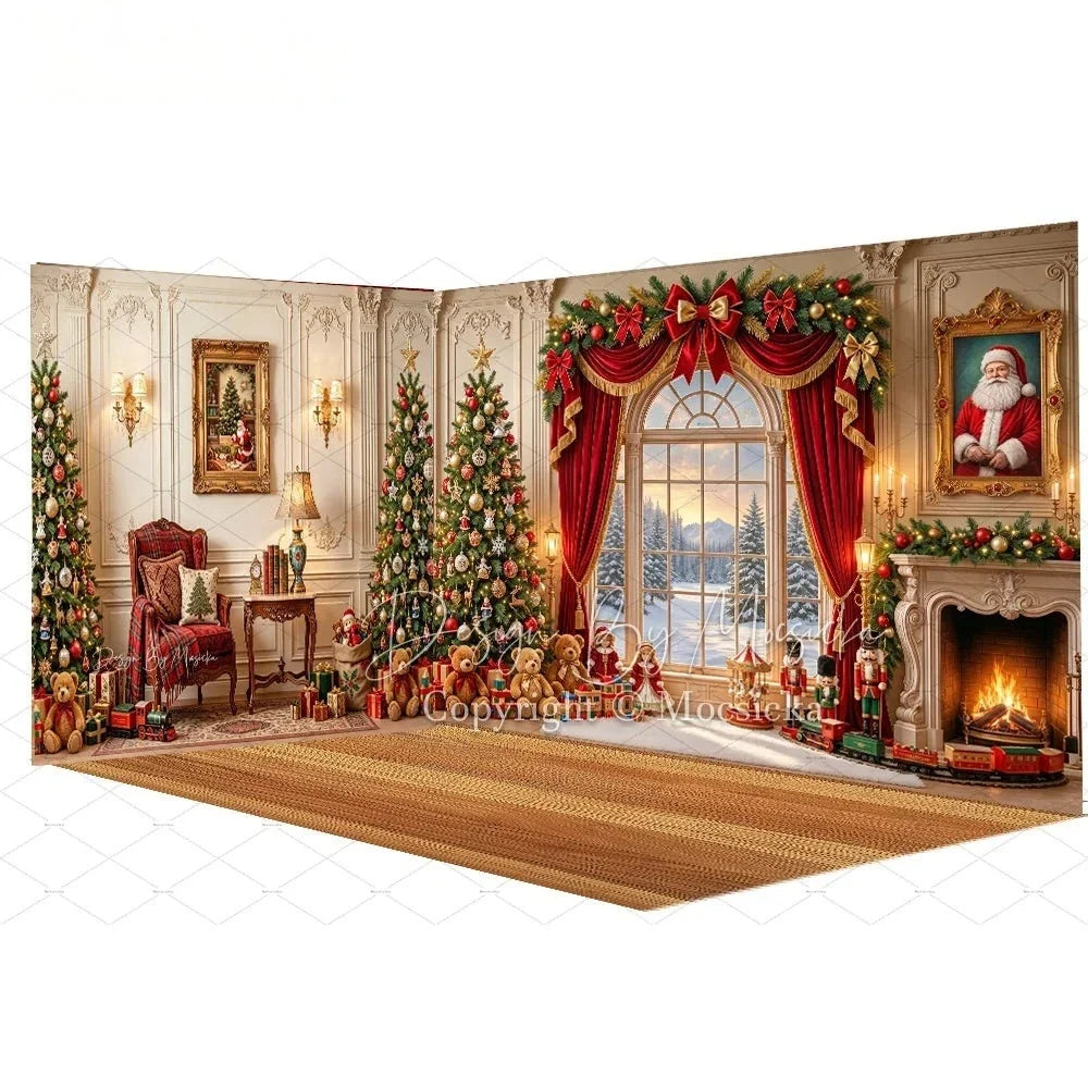 Cenário Vintage de Natal com Lareira, Cortina Vermelha para Fotografia, Quebra-Nozes de Brinquedo, Fundo para Fotos de Família de Natal