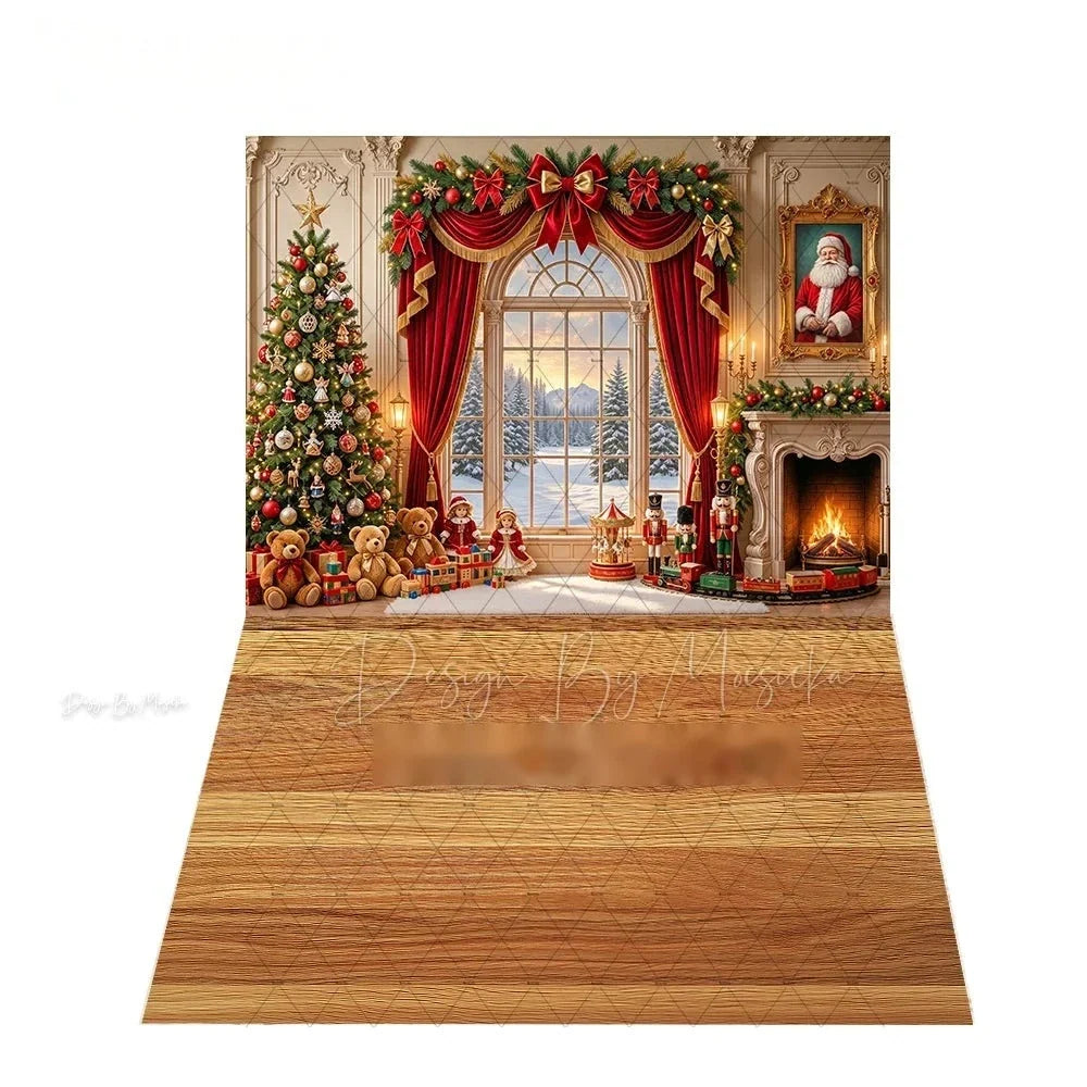 Cenário Vintage de Natal com Lareira, Cortina Vermelha para Fotografia, Quebra-Nozes de Brinquedo, Fundo para Fotos de Família de Natal