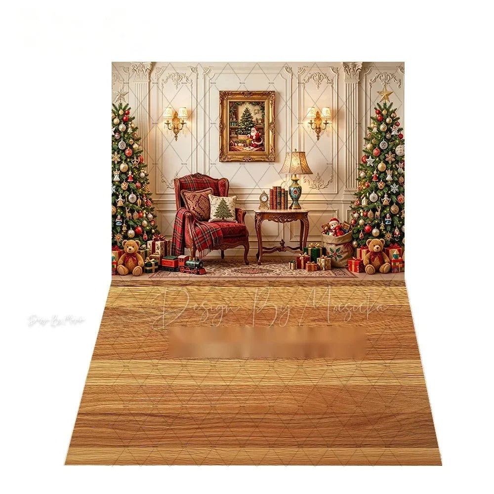Cenário Vintage de Natal com Lareira, Cortina Vermelha para Fotografia, Quebra-Nozes de Brinquedo, Fundo para Fotos de Família de Natal