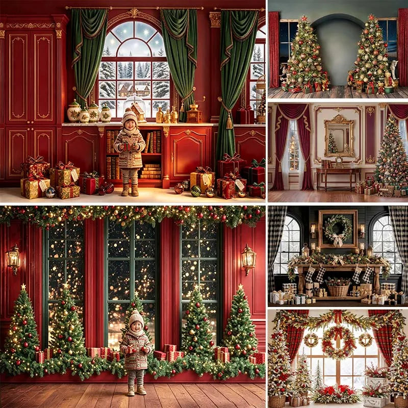 Cenários de Natal com Janela Arqueada Grande para Fotografia de Crianças e Bebês, Fundos Luxuosos de Castelo de Natal com Lareira Interna e Árvores