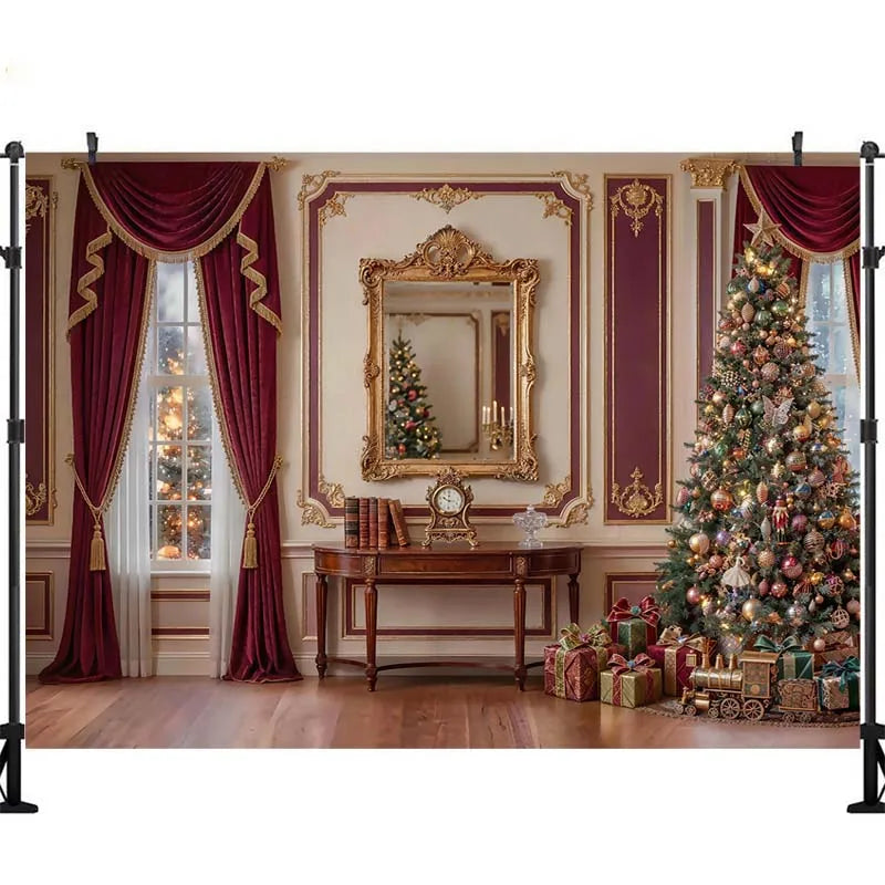 Cenários de Natal com Janela Arqueada Grande para Fotografia de Crianças e Bebês, Fundos Luxuosos de Castelo de Natal com Lareira Interna e Árvores