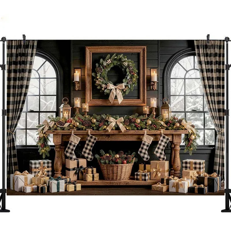 Cenários de Natal com Janela Arqueada Grande para Fotografia de Crianças e Bebês, Fundos Luxuosos de Castelo de Natal com Lareira Interna e Árvores