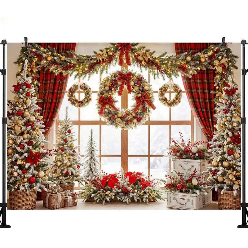 Cenários de Natal com Janela Arqueada Grande para Fotografia de Crianças e Bebês, Fundos Luxuosos de Castelo de Natal com Lareira Interna e Árvores