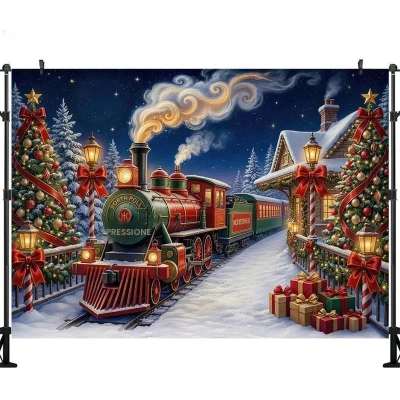Cenários Winter Polar Express para Fotografia de Crianças e Bebês, Acessórios para Fotos de Adultos e Crianças, Decorações de Natal, Fundo de Estúdio Fotográfico com Tema de Estação de Trem na Neve