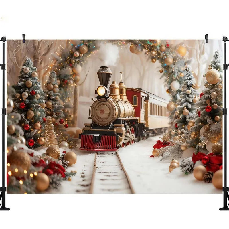 Cenários Winter Polar Express para Fotografia de Crianças e Bebês, Acessórios para Fotos de Adultos e Crianças, Decorações de Natal, Fundo de Estúdio Fotográfico com Tema de Estação de Trem na Neve