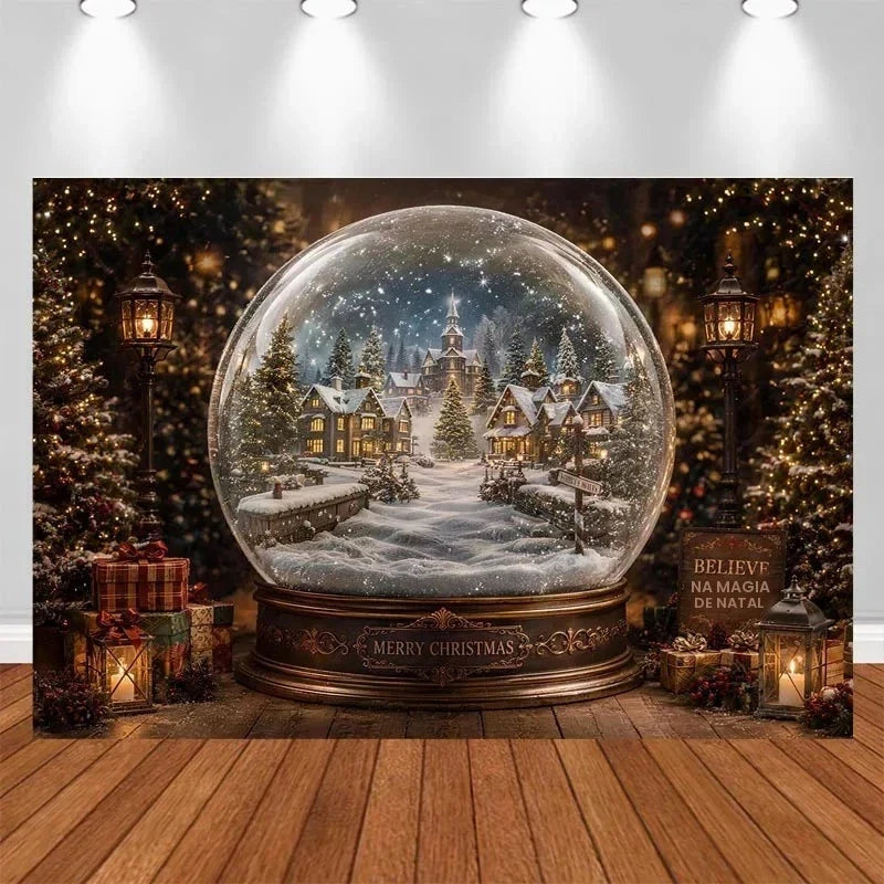 Fundo de Parede Vintage de Natal com Janela de Inverno, Cortina Vermelha, Aldeia Nevada, Lua, Mapa do Papai Noel e Foguete - Decorações de Natal