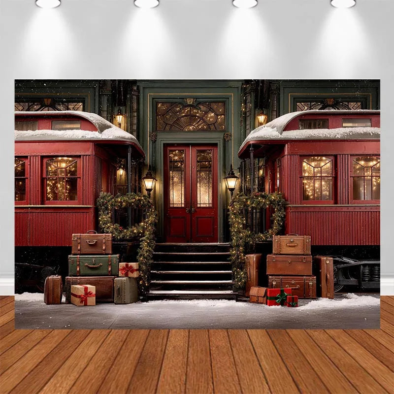 Fundo de Parede Vintage de Natal com Janela de Inverno, Cortina Vermelha, Aldeia Nevada, Lua, Mapa do Papai Noel e Foguete - Decorações de Natal